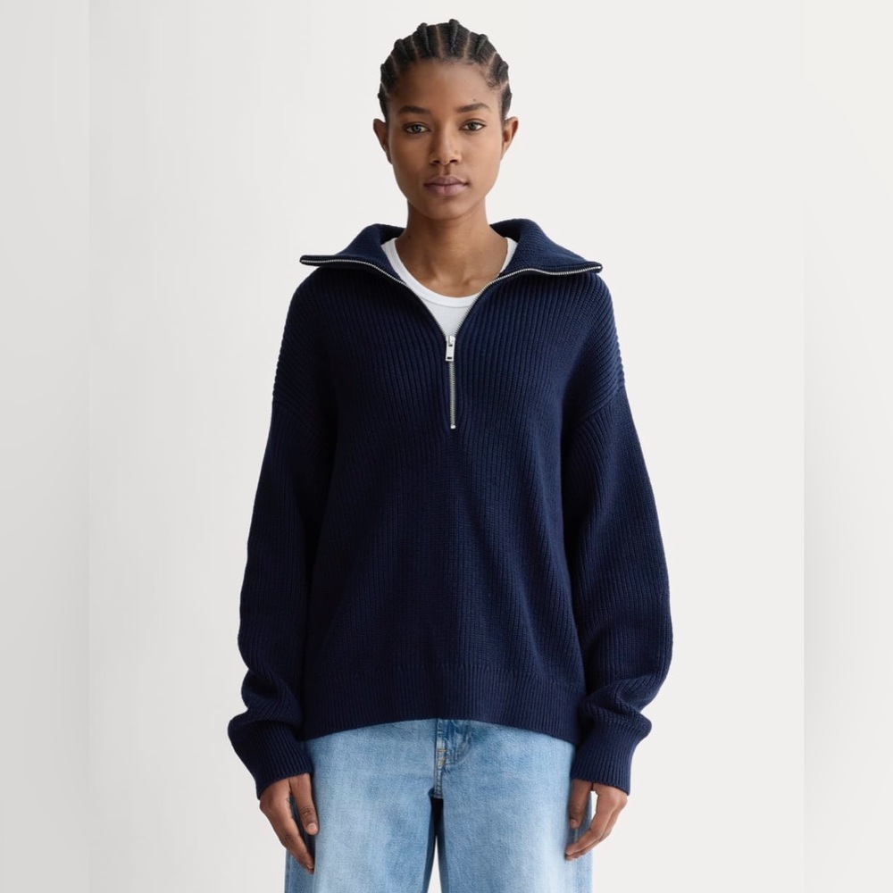 THE HALF-ZIP IN EVERYDAY COTTON in NAVY, SIZE XS